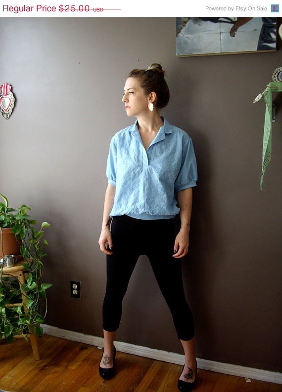 SALE Blue Blouse with Embroidered Flower Design