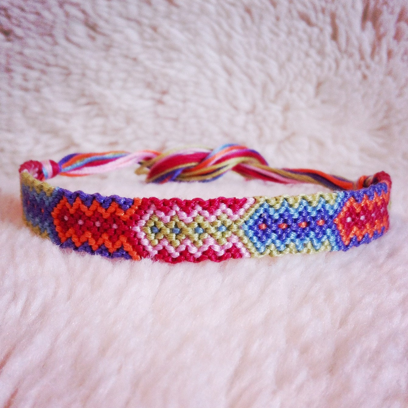 Friendship Bracelet - READY TO SHIP: Braided Handmade Embroidery Floss Fiber Friendship Bracelet - Graduated Tribal Diamonds