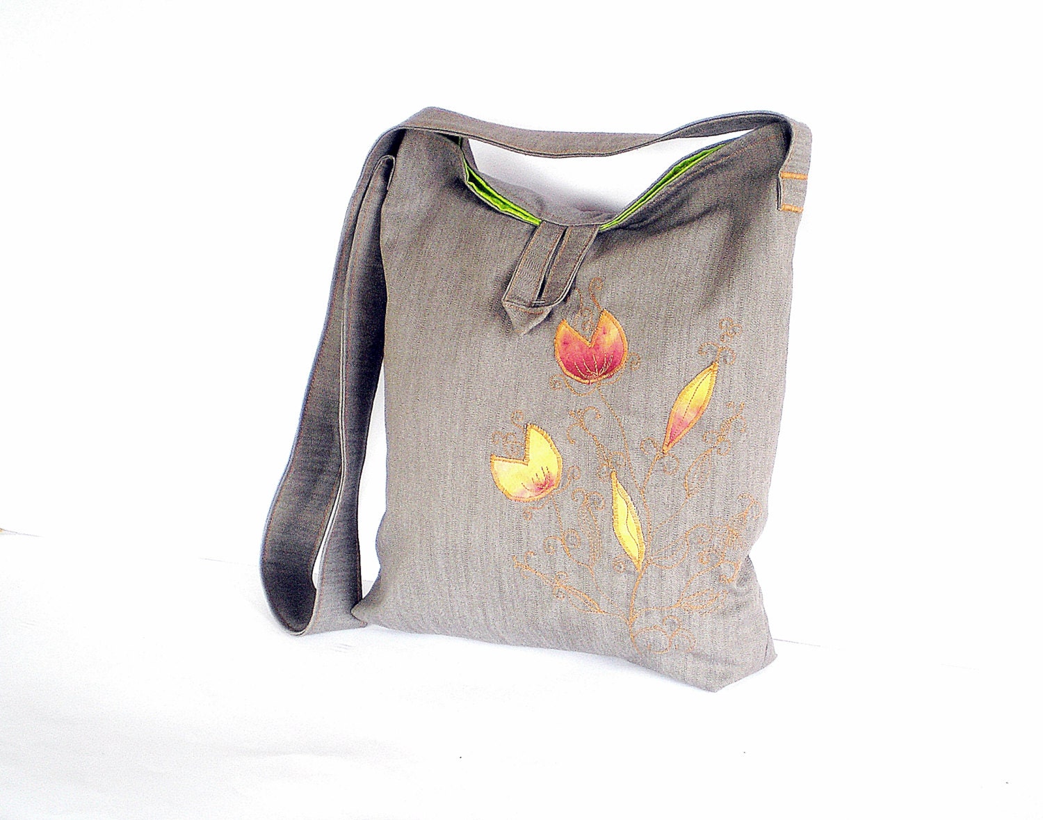 Spring fashion 2013 spring satchel grey-brown light denim embroidered olive flower tulip