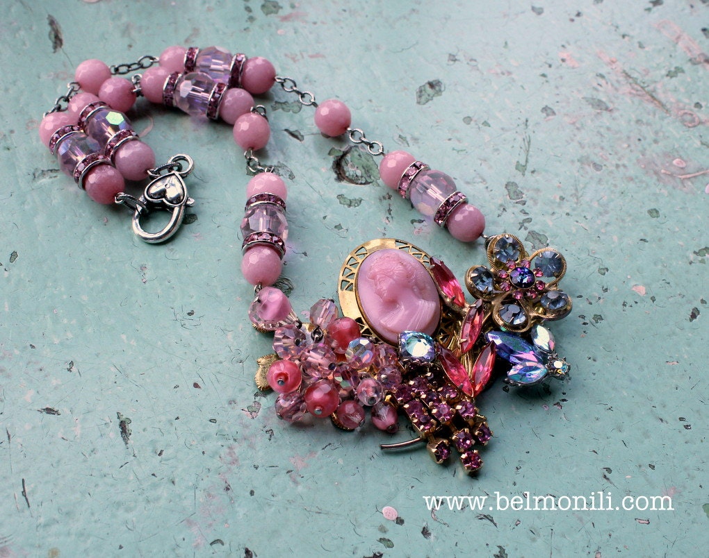 Pink Cameo Statement Necklace Vintage Assemblage