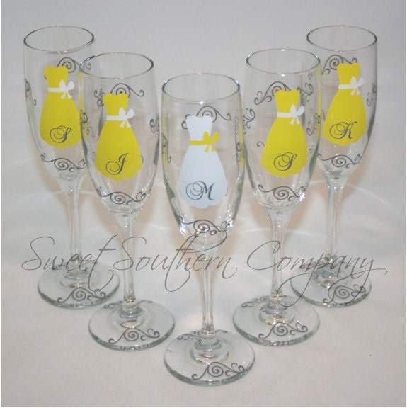 6 Personalized Bride and Bridesmaid Champagne Flutes with Strapless Gown