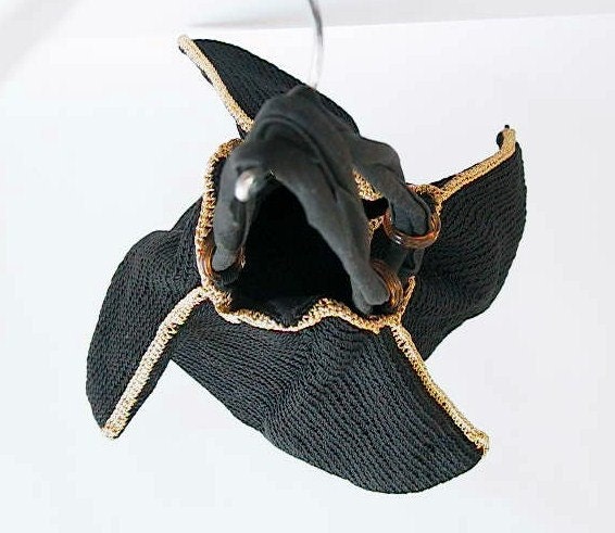 Vintage Antique Drawstring Crochet Purse Bag Pouch - Black w/ Gold Trim & Bakelite Rings