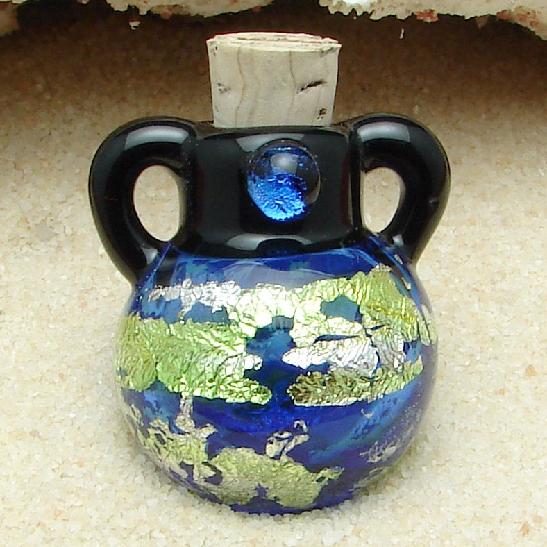 Glass Vessel Pendant Hand Blown Green and Blue Aromatherapy Bottle Necklace SRA