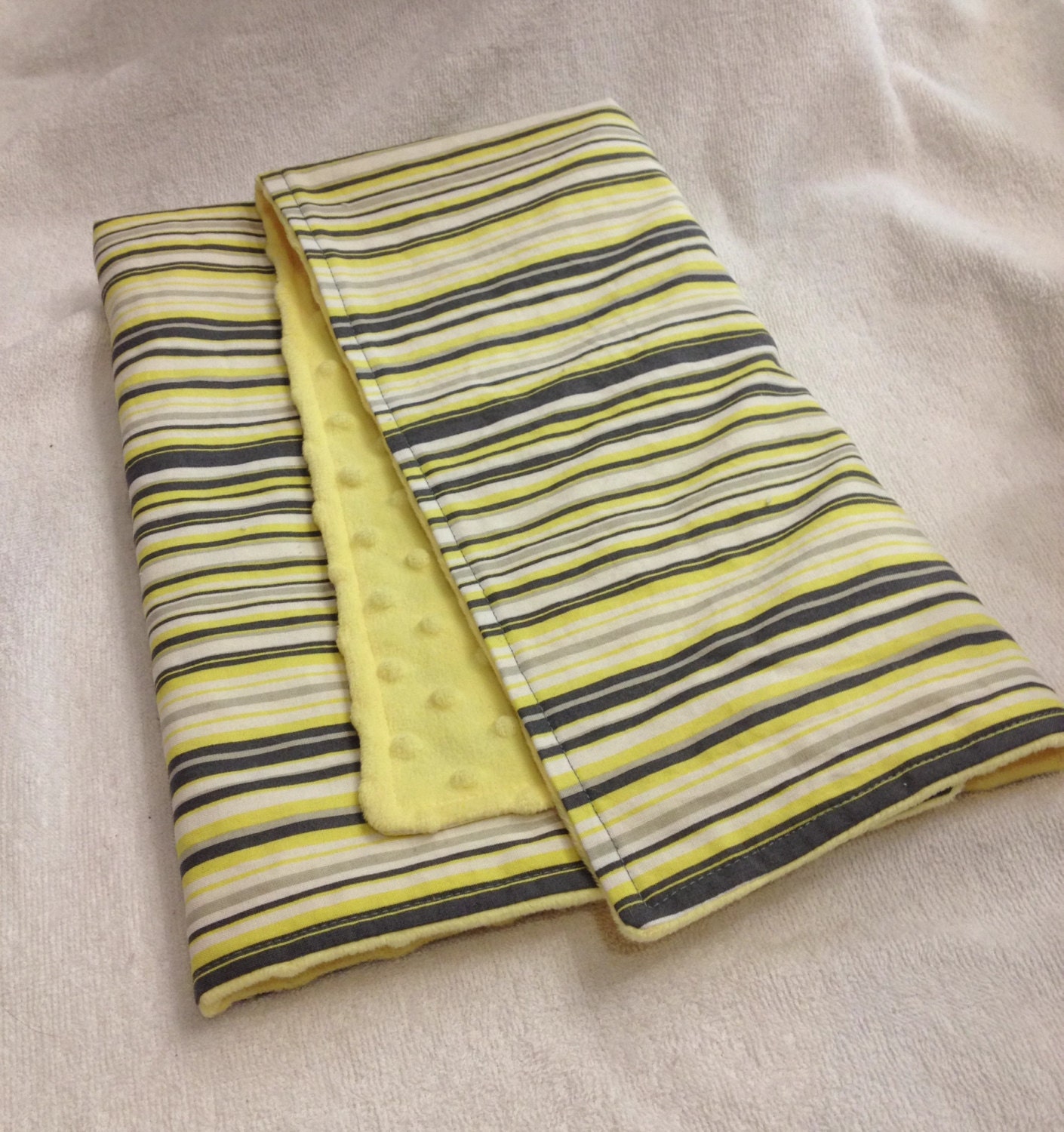 Grey Yellow and White Striped Medium Minky Baby Blanket - Measures 24x26" - Ready to Ship