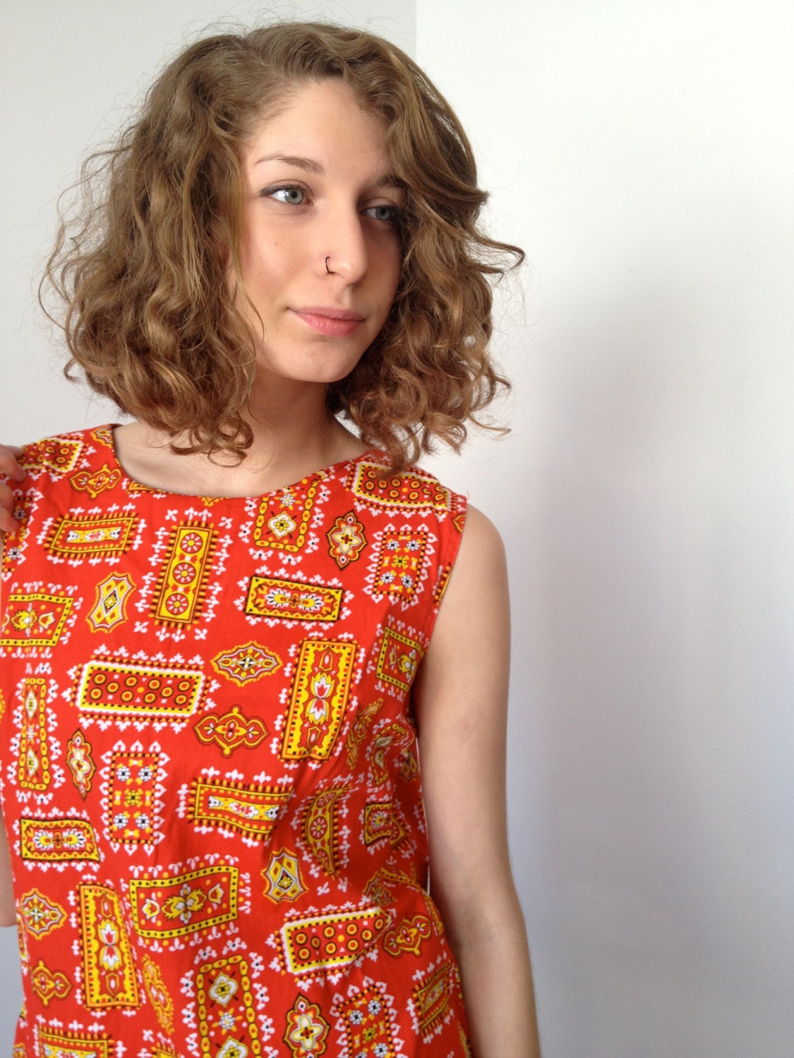 vintage 60s red and yellow bandana print scooter dress m l