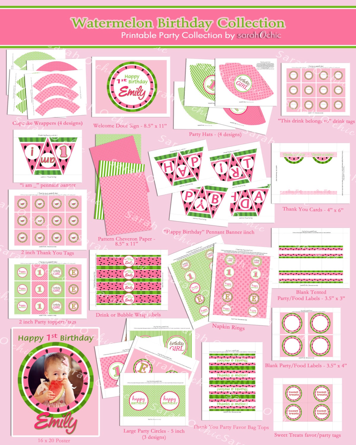 Watermelon Birthday Party Decor Printable Collection - by sarah O chic - watermelon, pink and green, printables