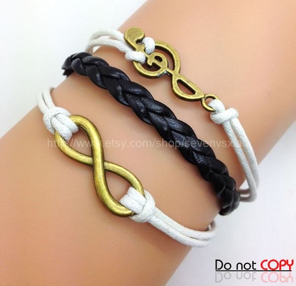Vintage Style Note & Infinity wish Bracelet White Rope and Black leather Fashion Personalized Adjustable Bracelet 2133S