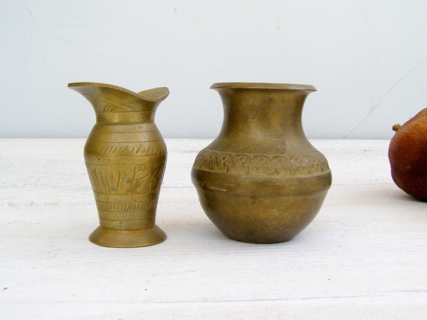 Oriental Copper Miniature Vase Set, Engraved Small Pitchers,  Small Planters, Cottage chic, Rustic decor, Collectible, Honey Gold