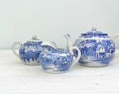 Mid Century Tea Set, Made in Japan, Ceramic blue and white Teapot, Milk and Sugar set, Gift for Hostess, Wedding Gift, Mad men, Retro