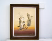 Framed Desert Acrylic Painting, Vintage Original Painting, Summer, Stone house, Mediterranean, Cottage chic, Living room decor,