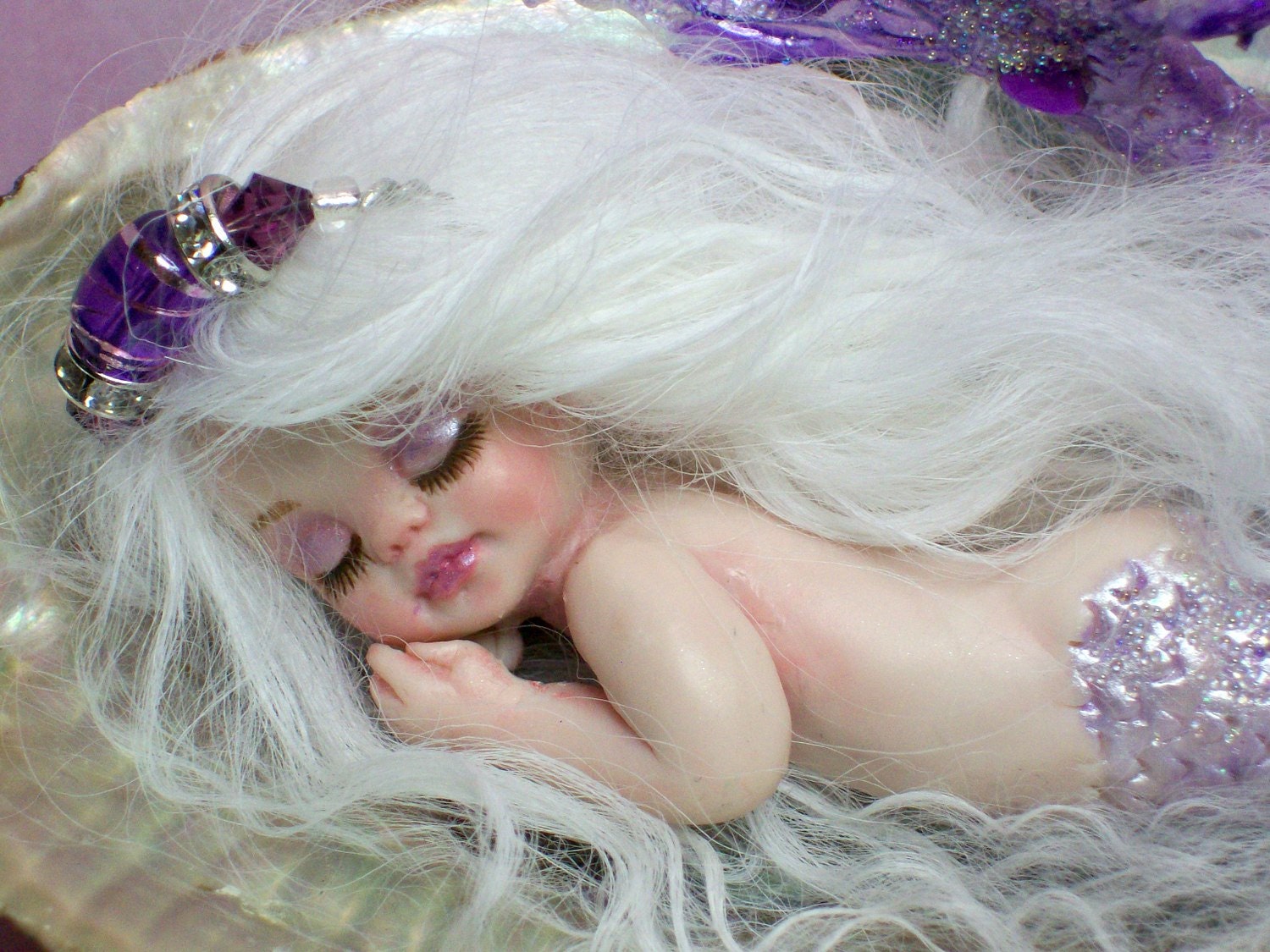 OOAK art doll fantasy mermaid baby february birthstone polymer clay sculpture fairy IADR free shipping