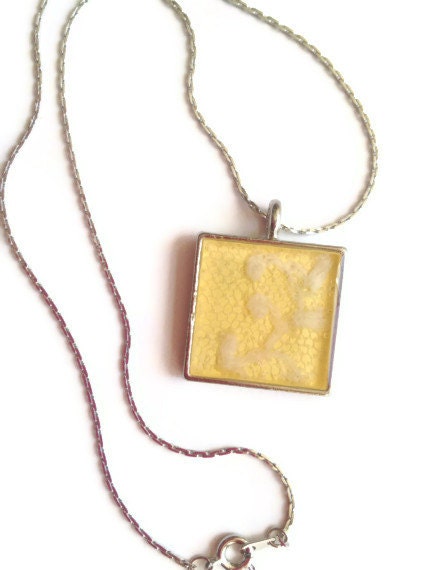 Resin Jewelry, Recycled jewelry, Lace Jewelry, Custom Necklace, Silver Necklace, Yellow Necklace