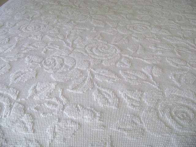 Vintage Chenille Bedspread - White Roses - Vintage Hobnail Chenille Bedspread, 96" x 108"  with Pom-Pom Fringe