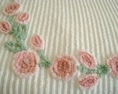 Vintage Chenille Bedspread and Pillow Covers - Plush, Snow White and Pink Roses, Full / Queen Size -  85" x 115"  - Romantic Home Decor
