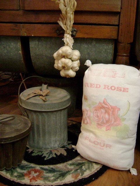 Flour Sack Style Pillow - Country Kitchen Decor - Farmhouse Kitchen - Pink Roses - 'Red Rose Flour' Motif