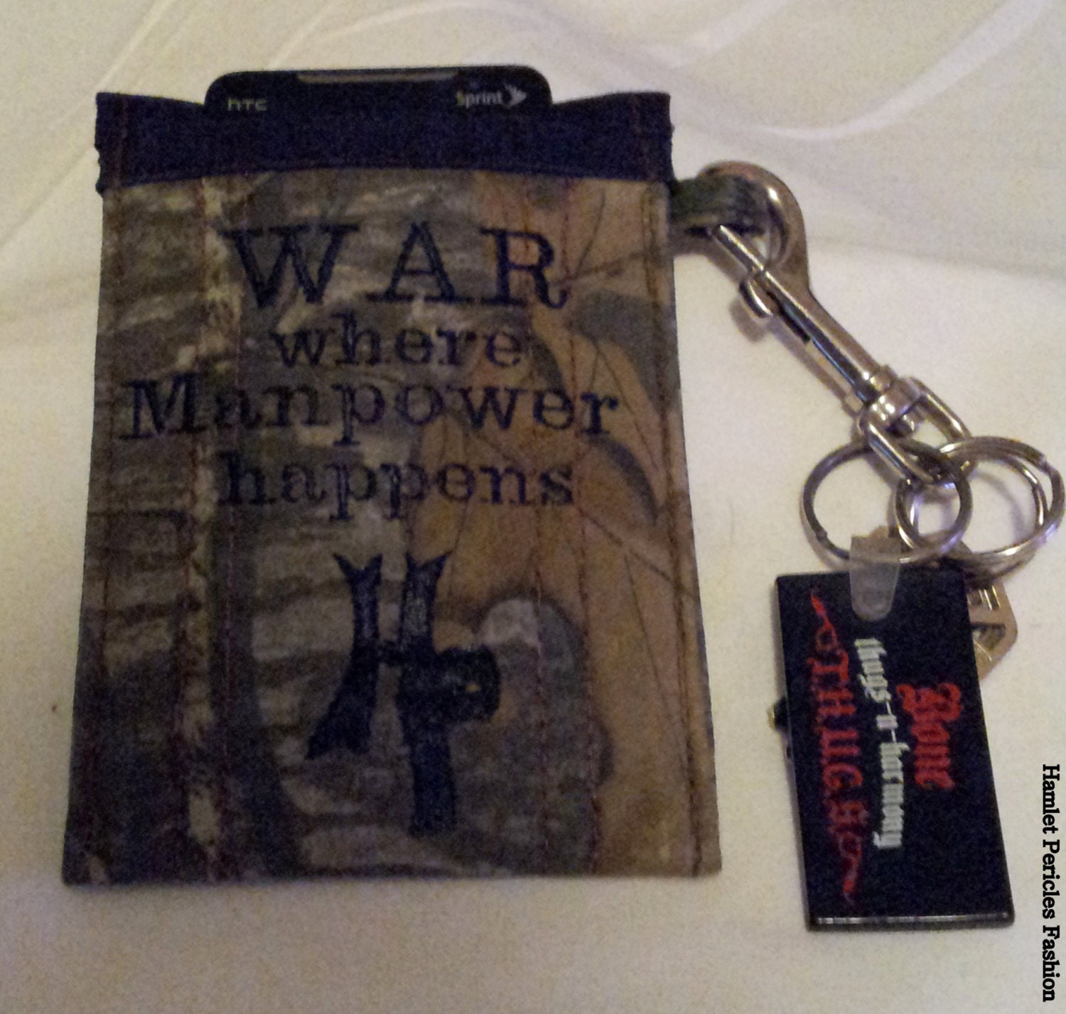 War, where Manpower happens, wood camo cotton phone pouch, army fatigue, belt and key loop by Hamlet Pericles