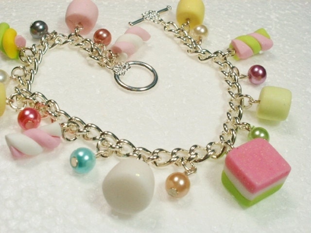 Marshmallows Charm Bracelet.  Polymer clay.