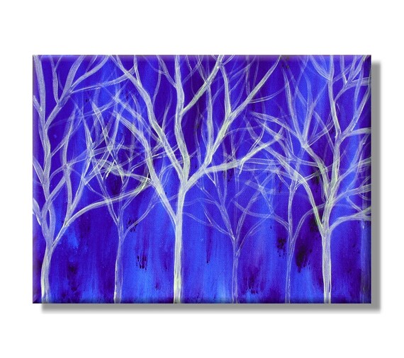 Misty Forest in White and Blue. Original Handpainted Acrylic Painting. Size 9 x 12.