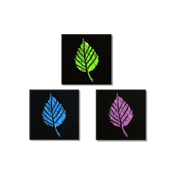 Three Leaves. Original Handpainted Acrylic Thick 3d Texture Impasto Palette Knife Painting. Size 6 x 6 each.