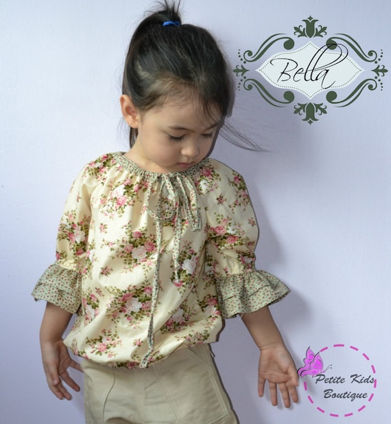 Bella Blouse for Girls 12M-10Y PDF Pattern & Instructions -3/4 sleeves-ruffles-elastic waist-drawstring tie-contrasting neckline-easy sew