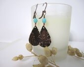 Copper Teardrop Earrings - Embossed "Fern" - Drops