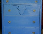 Vintage Tall Boy Antique Cottage or Traditional Beach House Blue  5- Drawer Dresser