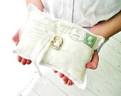 vintage postcard ring bearer pillow . with postmark and green stamp . for a cottage chic wedding