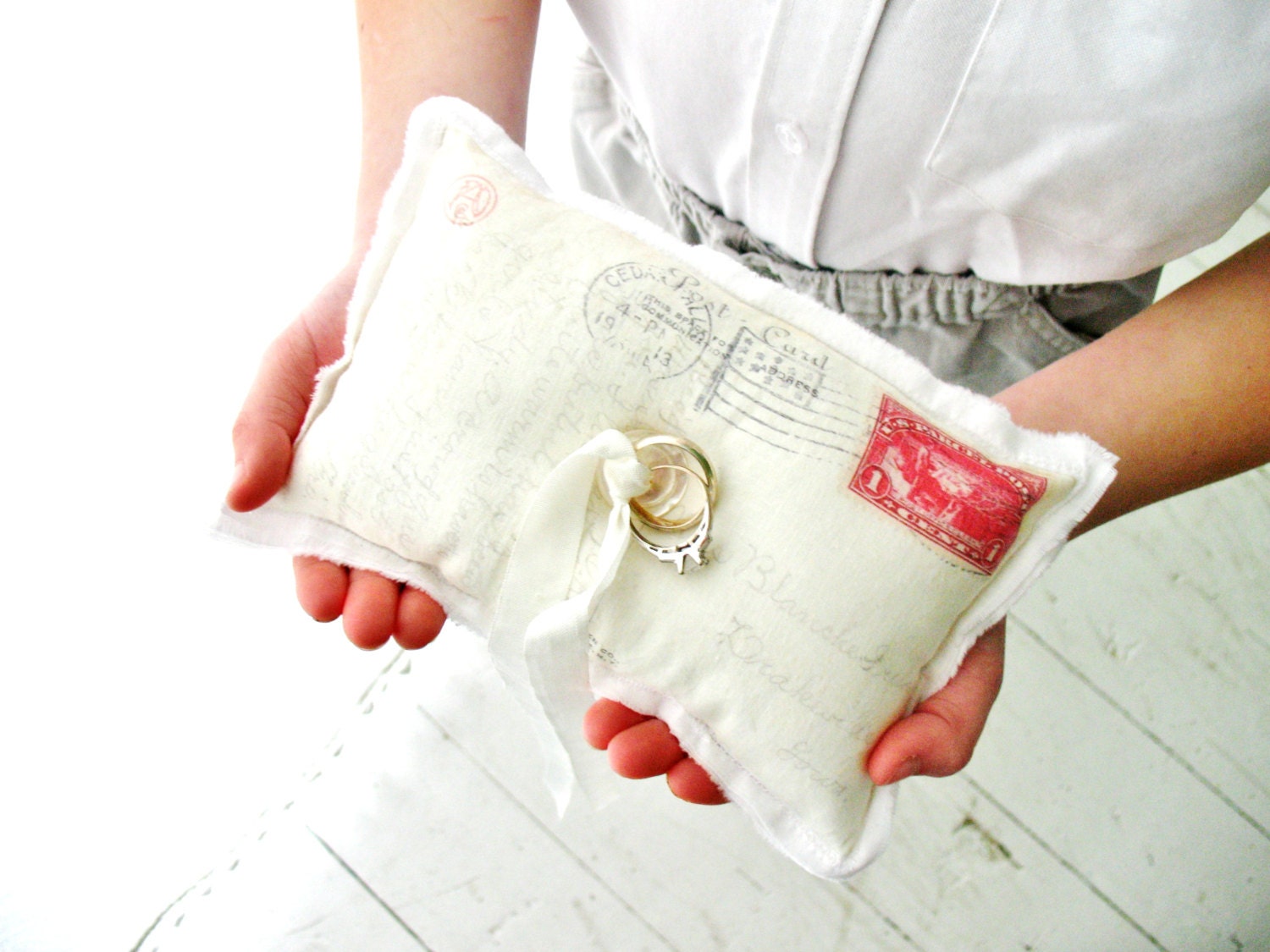 vintage postcard ring bearer pillow . with postmark and red stamp . for a cottage chic wedding