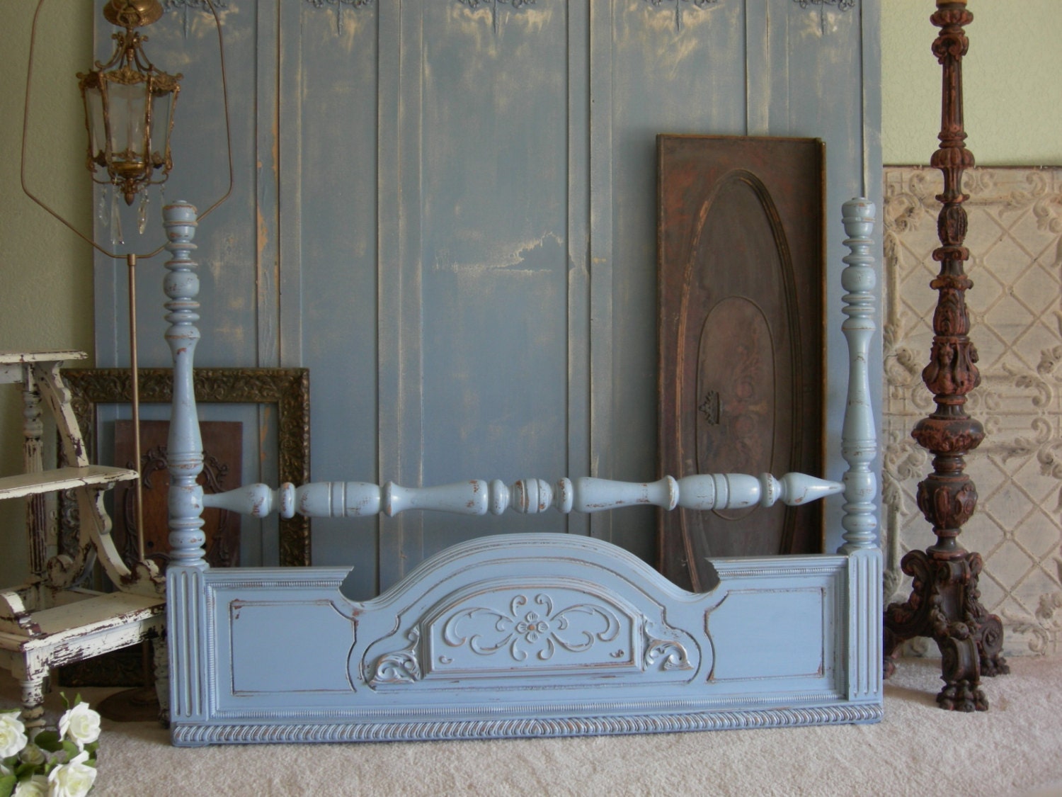 Old Queen Or Full Headboard Shabby Chic Distressed French Blue Paint