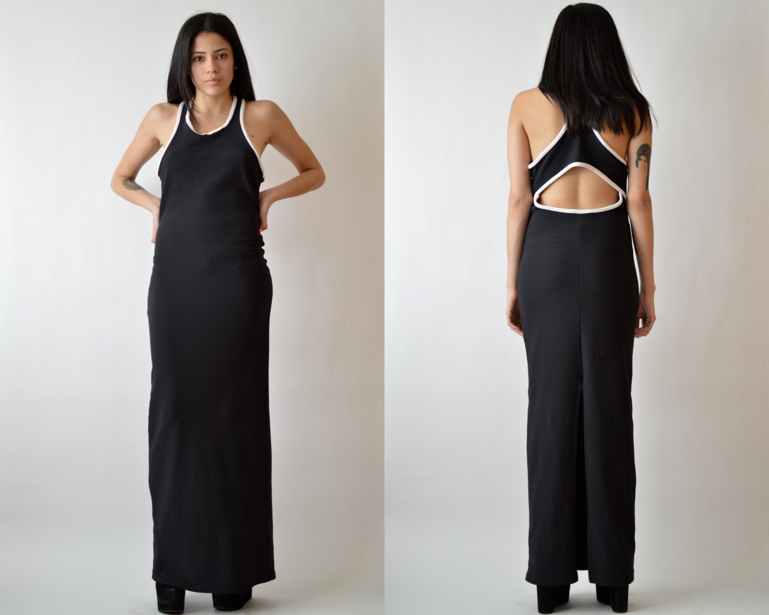 Black and White Backless Vintage 90's Maxi Dress