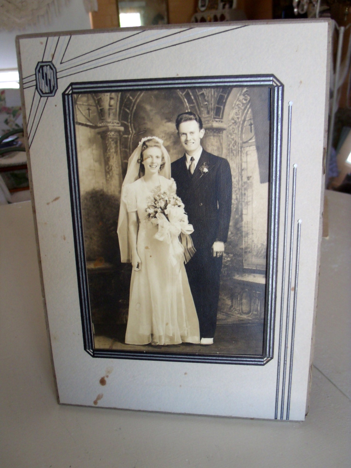 1920s Wedding Photo Bride Groom Cabinet Card Frame Art Deco Romantic