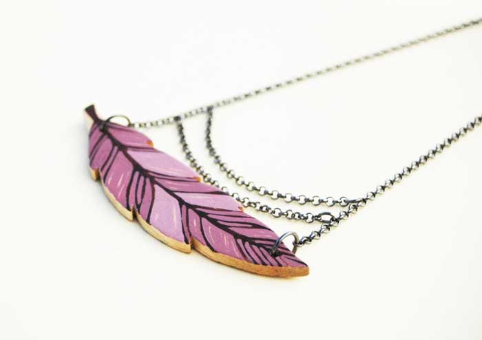 Wooden Feather Necklace Purple Necklace Boho Necklace 2in1