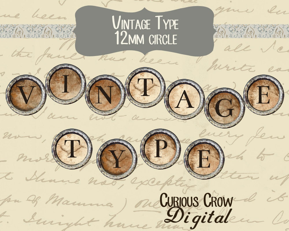 Vintage Typewriter Keys 12mm Circle Rounds Digital Collage Sheet - Jewelry Scrapbook Charms Art Tags Clip Art Printable Download