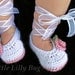 Crocheted Ballet Baby Booties in White and Dusty Rose Pink, sizes NB, 0-3 months, 3-6 months, 6-9 months, 9-12 months