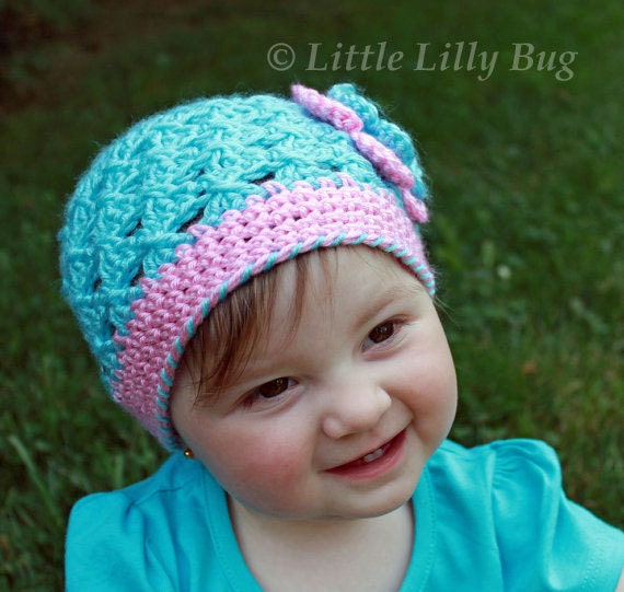 Crocheted Baby Beanie Hat in Aqua and Pink with Flower, sizes NB through pre-teen