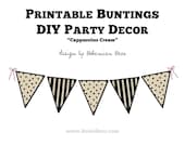 Cappuccino Cream DIY Bunting, Dots & Stripes Pennant Party Decorations, Printable PDF Instant Download