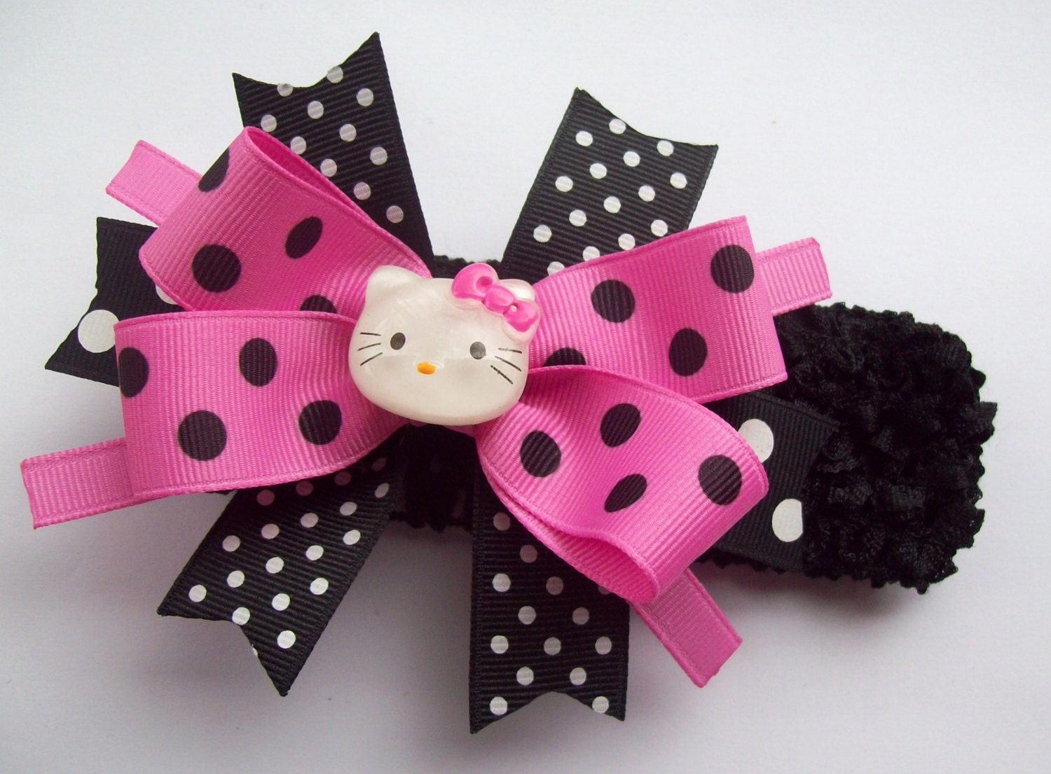 Miss Kitty Black and Pink Boutique Hair Bow And Headband - Perfect Size For Baby, Toddler And Little Girls