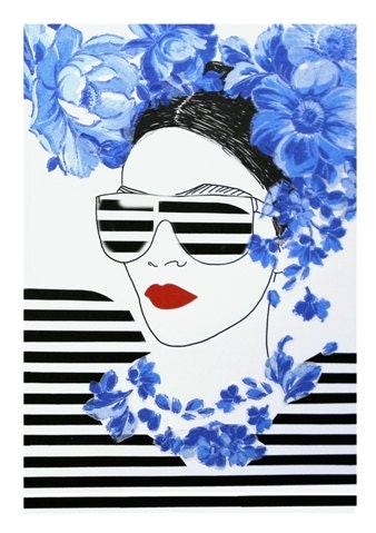 Summer Sailor Style BlumArt Fashion Illustration / Pen and Paper Collage Technique / A4 Photography
