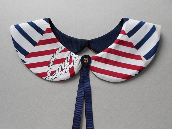 Sailor Style Detachable Handmade Collar Necklace / Red White Navy Blue Stripe Peter Pan Col with Petersham Ribbon and Nautical Style Button