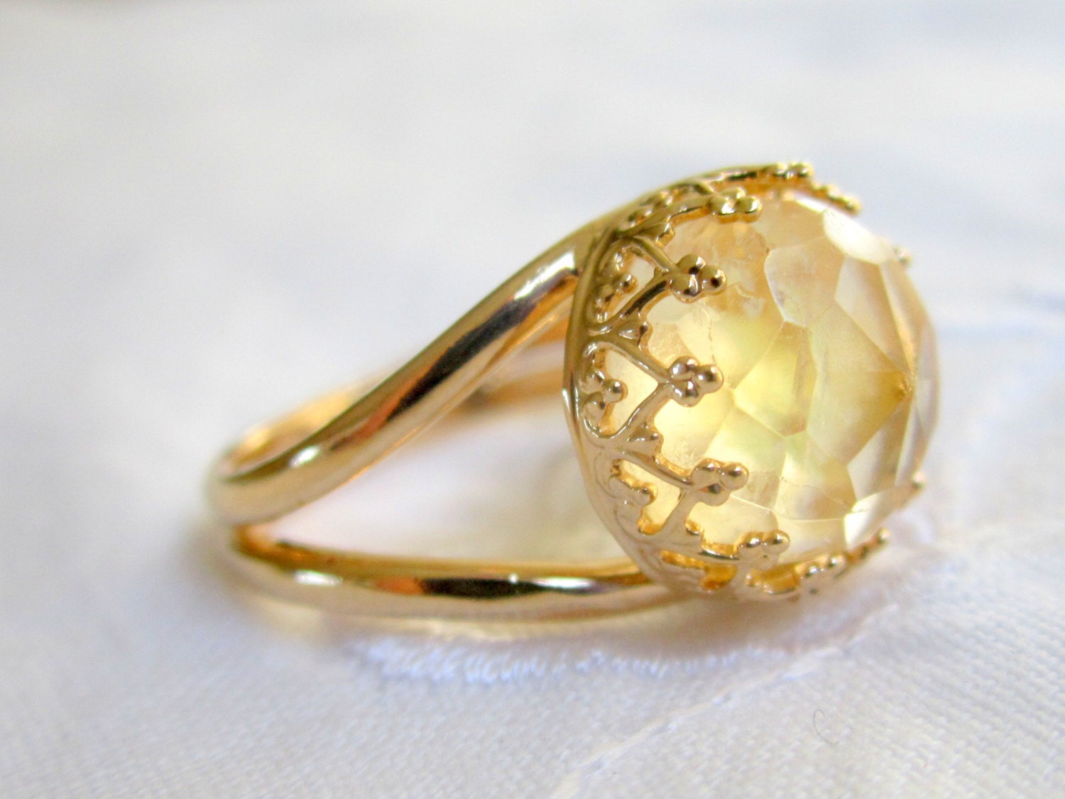 Citrine ring, Gemstone ring,  Gold ring, Vintage ring, cocktail ring, yellow ring, 10 mm Gemstone ring,  Faceted ring, bridal ring