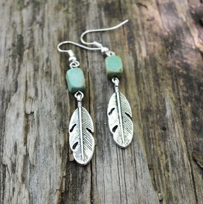 Feathers and Turquoise Earrings, Hippie Nature Inspired Earrings, Rectangular Stone Earrings, Feather Jewelry