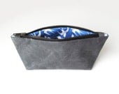 Gray Waxed Canvas Zipper Pouch Case - Marine Blue Swallows Print - Bags and Purses