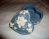 Vintage heart shaped Blue Trinket Box with Rose Accents Only 4 USD
