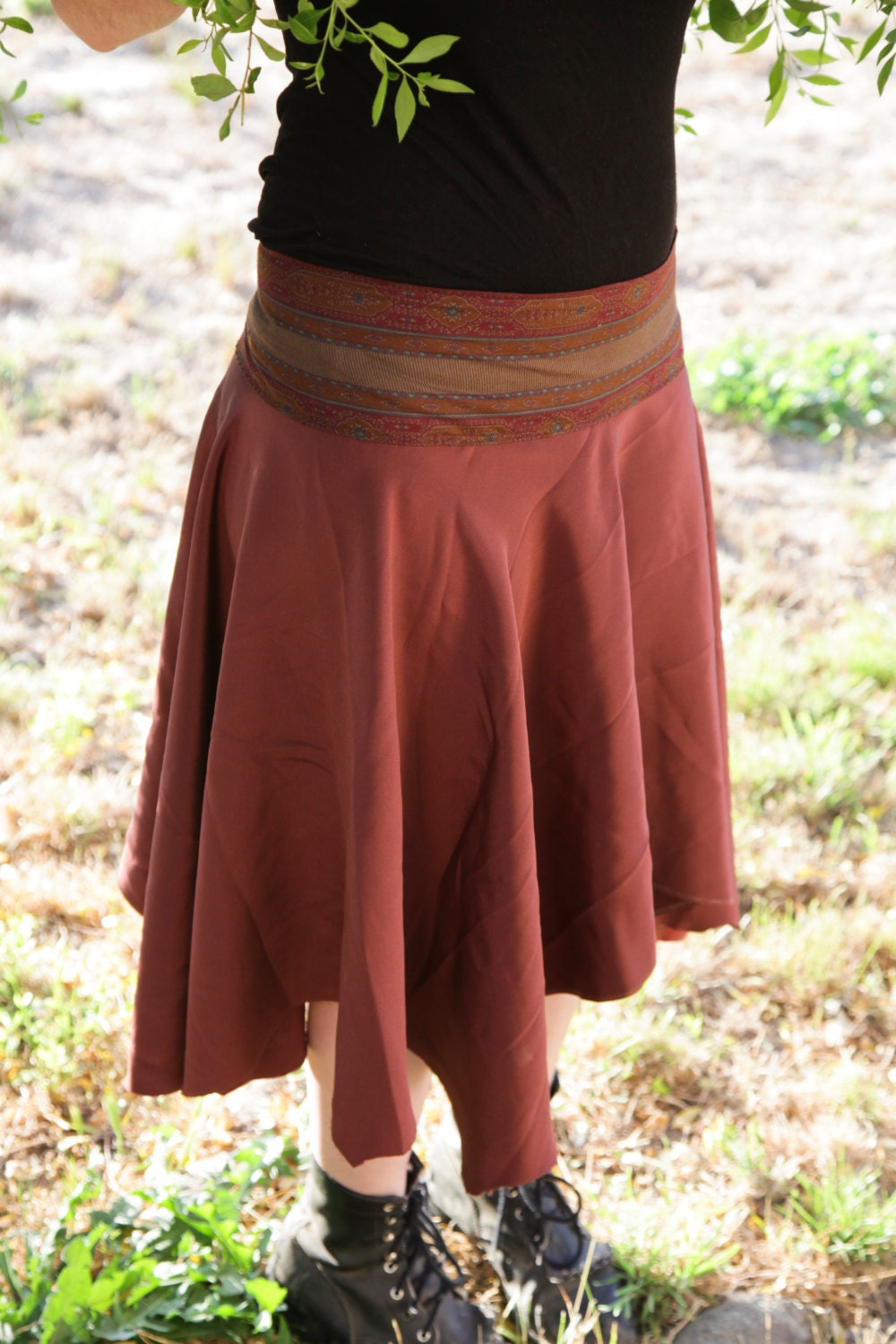 Silky Rayon Brown Patterned Waistband Knee Skirt