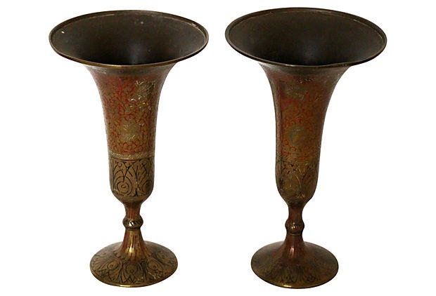 Vintage Pair of Etched Brass Indian Vases