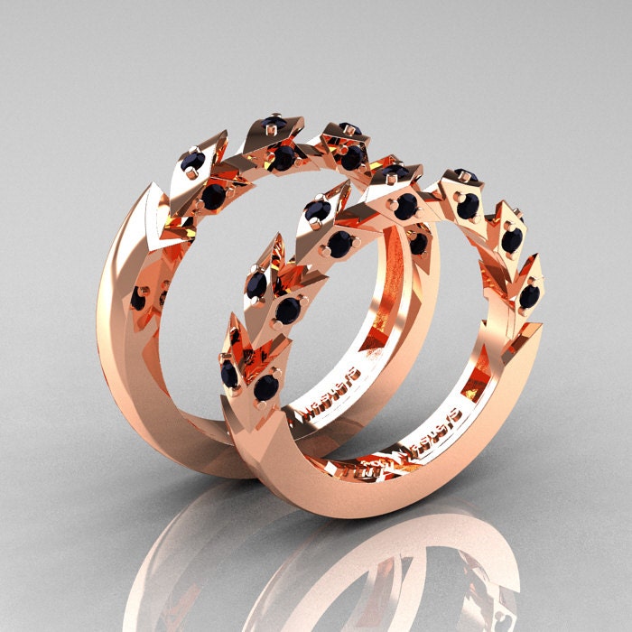 Modern Italian 14K Rose Gold Black Diamond Wedding Band Set R320BS-14KRGBD