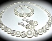 Bridal Jewelry - Pearl set - Sterling Silver - Crystal Set - Pearl Bracelet -Earrings- Necklace - Brides Jewelry set- My Destiny