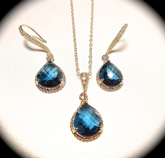 Blue Sapphire - Necklace and Earring set - Gold filled - Cubic Zirconia ear wires- September birthstone - Bridal jewelry - gift -