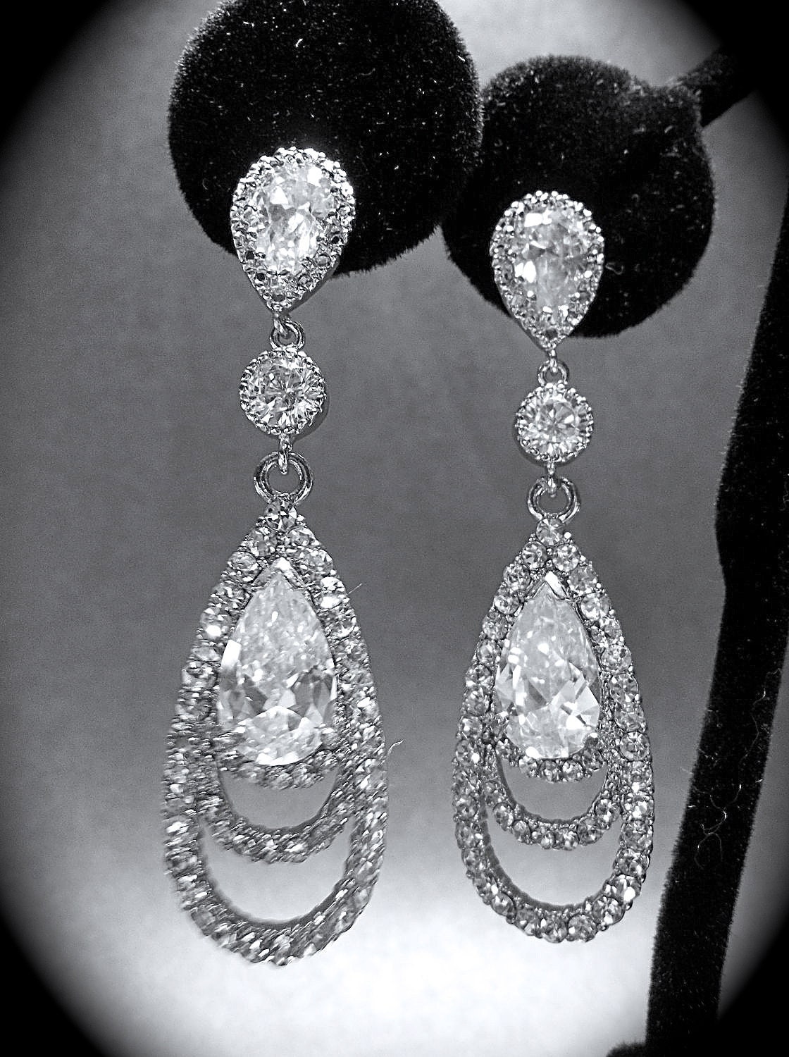 Rhinestone earrings - Long - Cubic Zirconia - Sterling Silver ear wires - Bridal Jewelry - Bridesmaids - gift -Prom -