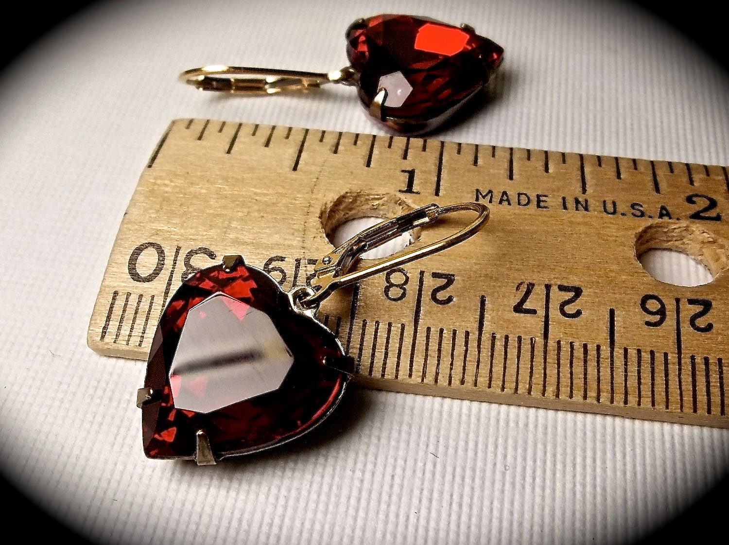 Heart Earrings - Garnet - Red - Vintage - Rhinestones - Gold filled leverback earwires - gift - Love - Romantic Jewelry -